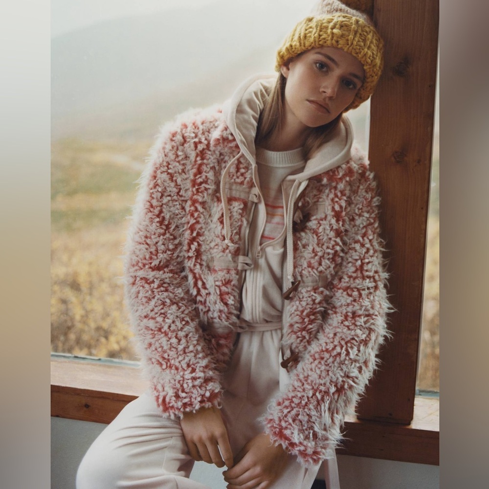 ANTHROPOLOGIE XS Brenna Faux Fur Coat in Pink • Coral Fuzzy Furry Toggle Jacket - Picture 14 of 15